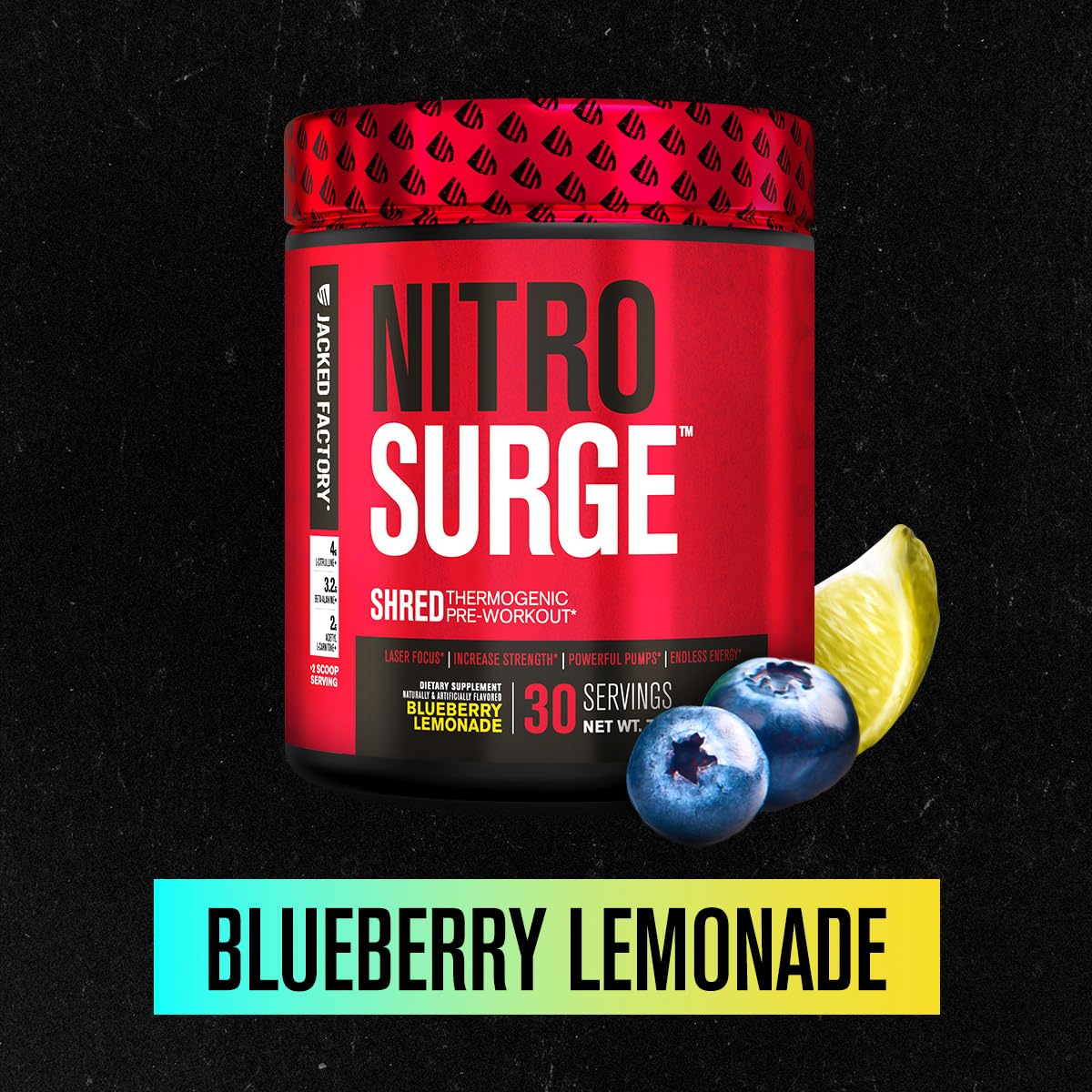 Jacked Factory NITROSURGE Shred Pre Workout Supplement - Energy Booster, Instant Strength Gains, Sharp Focus, Powerful Pumps - Nitric Oxide Booster & PreWorkout Powder - 30Sv, Blueberry Lemonade