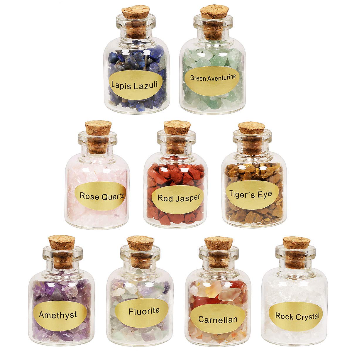 Nupuyai 9 Mini Gemstone Wishing Bottles, Reiki Healing Energy Chip Crystal Wicca Stones Set Collection Kit