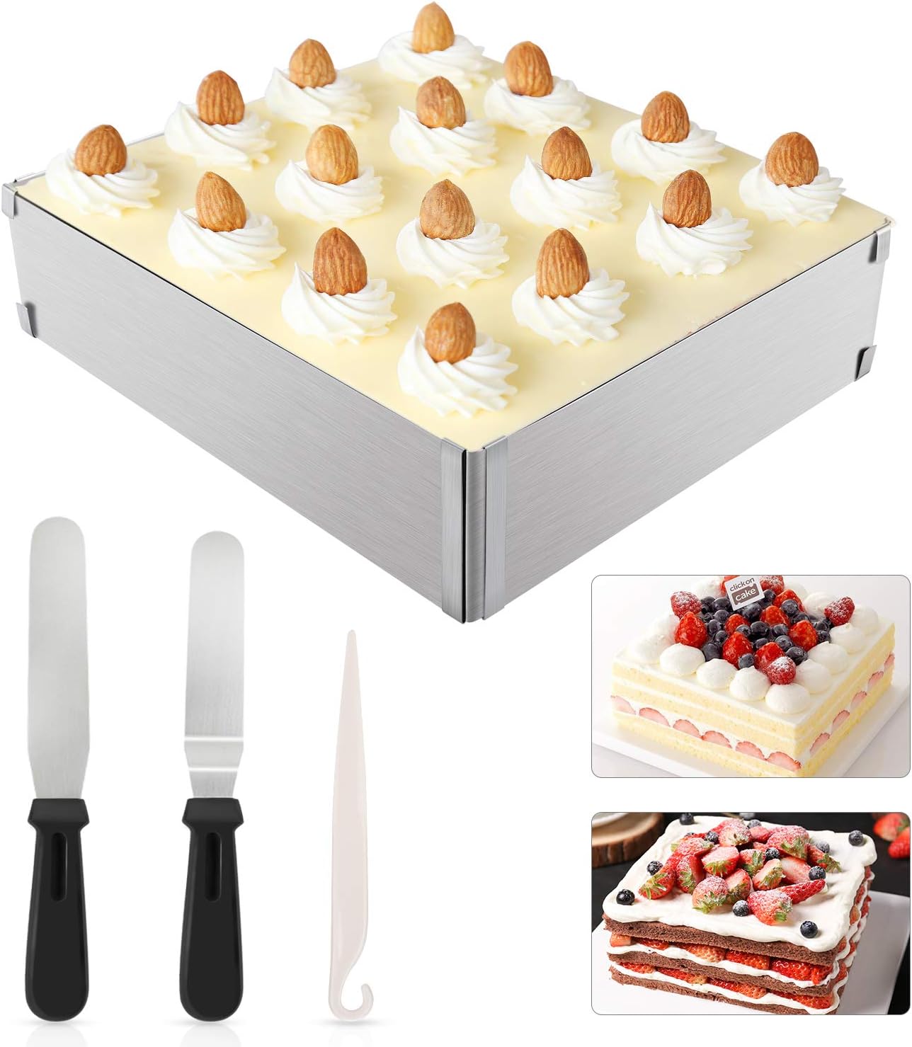 WisFox Backrahmen Rechteckig Verstellba Form aus Hochwertigem Edelstahl, Backform Eckig für Kleine und Große Kuchen Torten und Pizza, zum Backen und Dekorieren,Form aus Hochwertigem Edelstahl