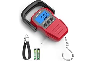 HEETA Fish Scale with Backlit LCD Display, Up to 110lb/50kg Digital Portable Hanging Fish Weight Scale with Hook & Measuring Tape for Home, Farm, Outdoor, Hunting, Fishing, 2 AAA Batteries Included
