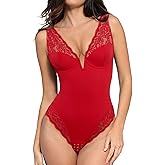 Popilush Lace Body Suits for Womens Tummy Control Deep V Neck Shapewear Bodysuit