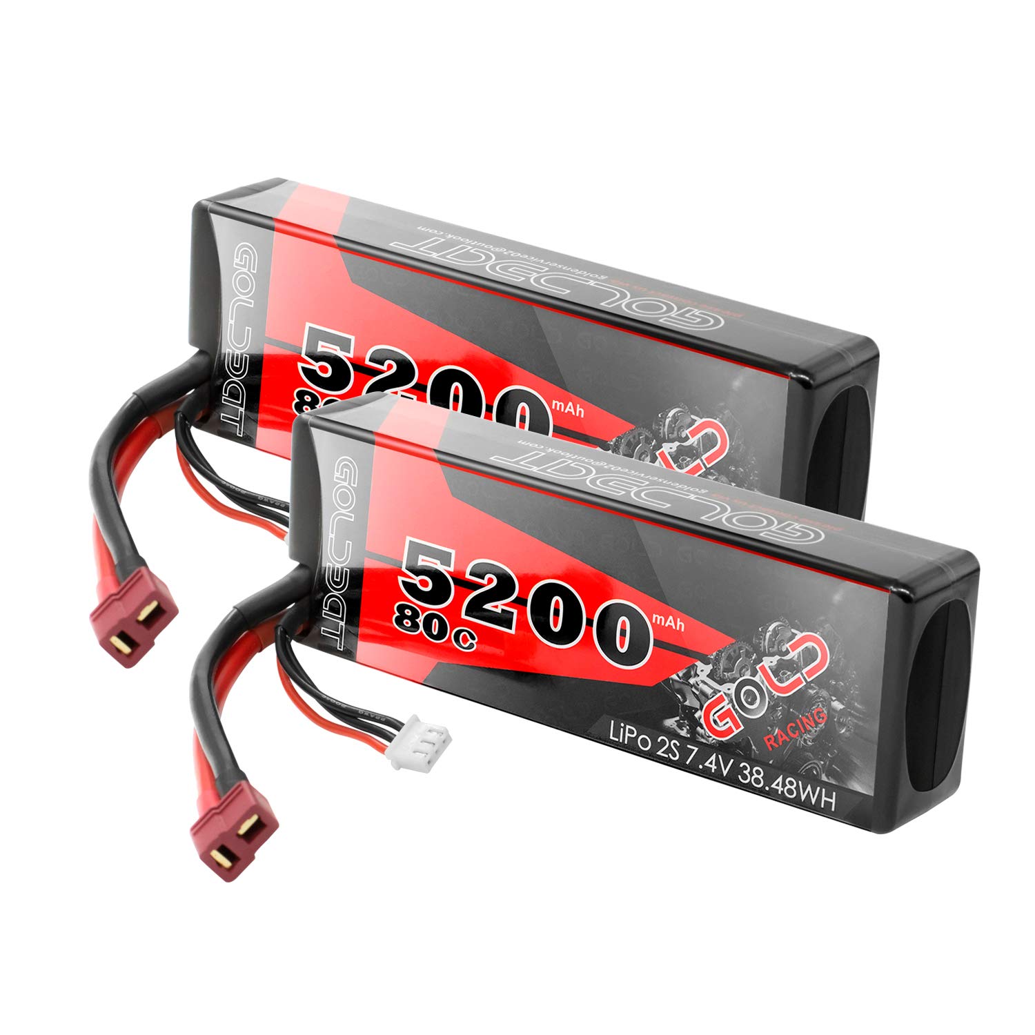 GOLDBAT 5200 mAh 7.4V 80C 2S Lipo Battery Hard case with Dean-Style T Connector for RC Car Truck Slash, Slash 4x4, Emaxx, Bandit, RC Boat, etc (2 pack)