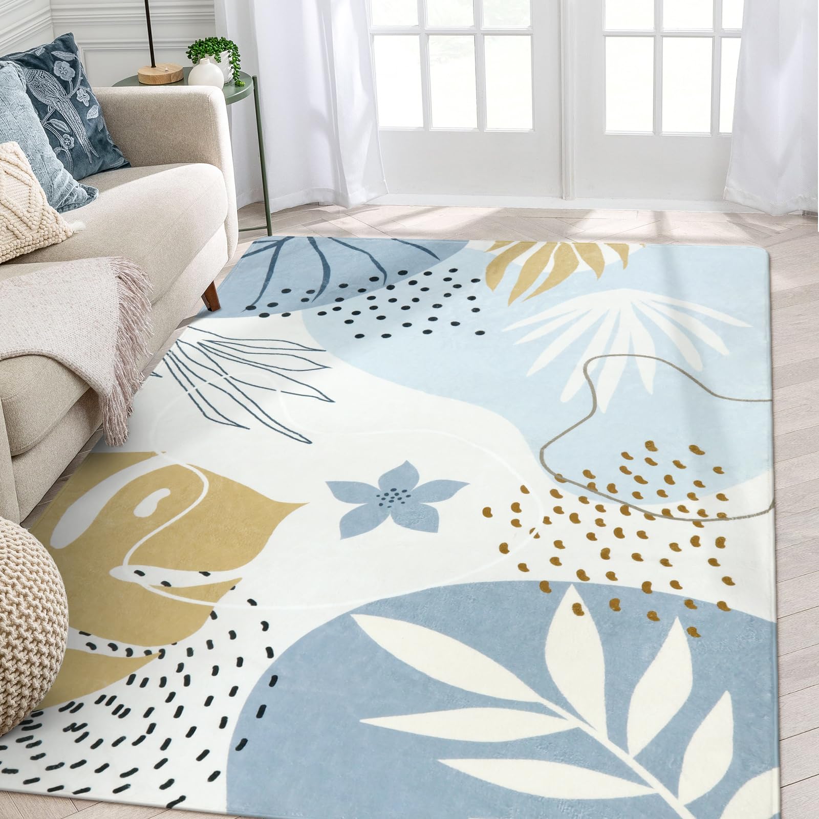 Photo 1 of Lahome Boho Blue Living Room Carpet - Washable Area Rugs 4x6 Non-Slip Ultra-Thin Soft Bedroom Rugs Nursery Kids Room, Botanical Print Indoor Modern Floral Carpet Rug for Classroom Laundry Room Office