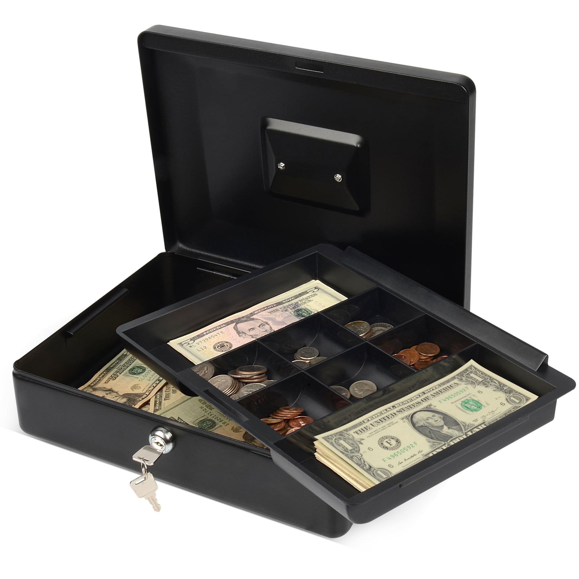 CARL Locking Large Metal Cash Box with Money Tray, Lock Box, Black