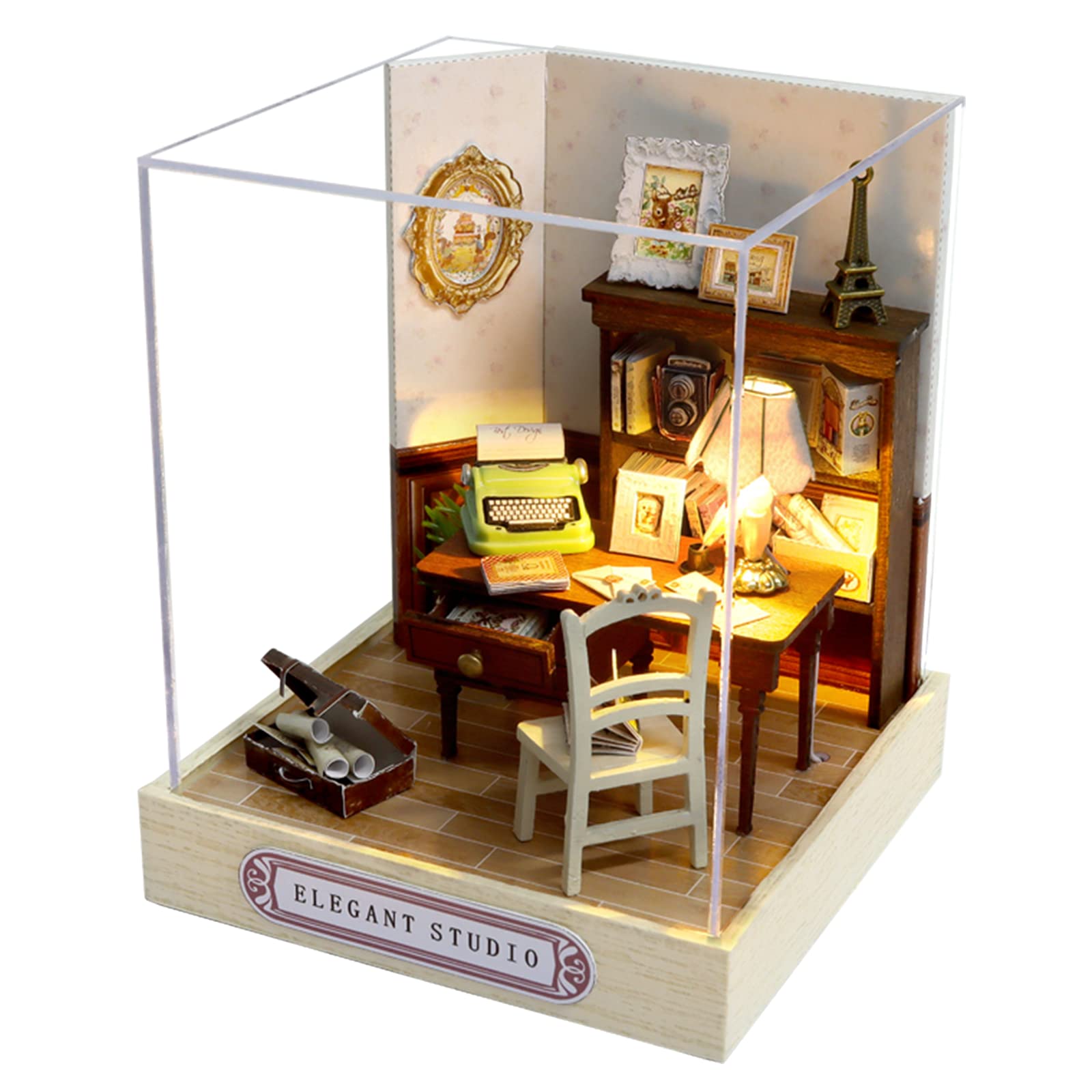 Cuteroom DIY Wooden DollHouse Kit,Dollhouse Miniature with Furniture and Dust Cover Handmade Crafts Miniature Dolls House kit for Teens Adult Gift (Elegant Studio)