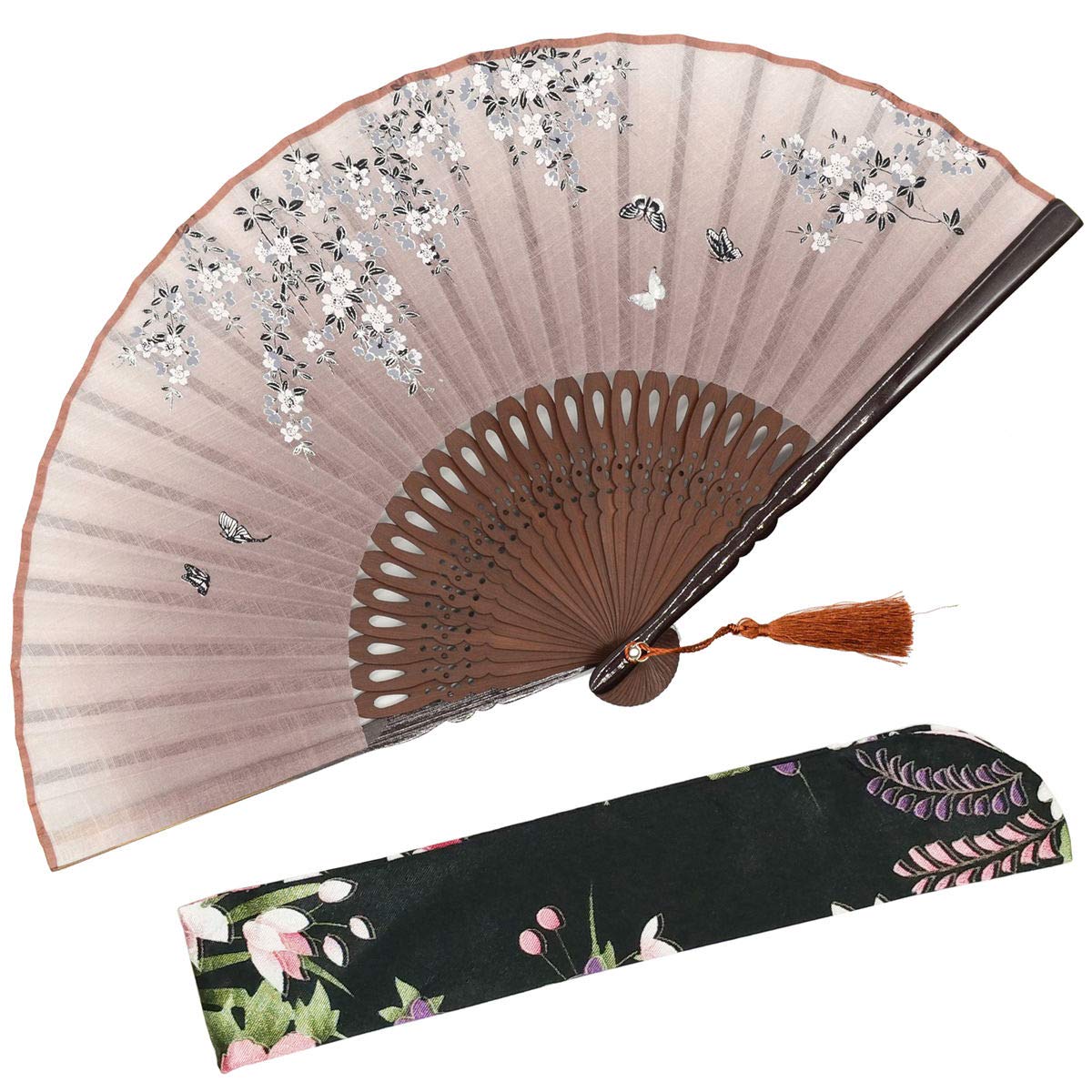 OMyTea "Sakura Love Folding Hand Held Fan for Women - With a Fabric Sleeve for Protection - Chinese/Japanese Vintage Retro Style for Wedding, Dancing, Church, Party, Gifts (Brown)