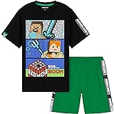 Minecraft Pajamas Set for Boys with Crew Neck T Shirt and Elastic Waist Shorts, Soft Lounge Wear, Creeper Gifts for Gamers