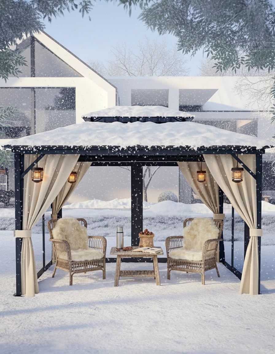 Photo 1 of GarveeLife 10 ft x12 ft Hardtop Gazebo for All Weather, with Double Metal Roof, Aluminum Alloy Frame, Net, and Curtain, Permanent Building for Patio, Deck, Backyard, Lawn, and Garden