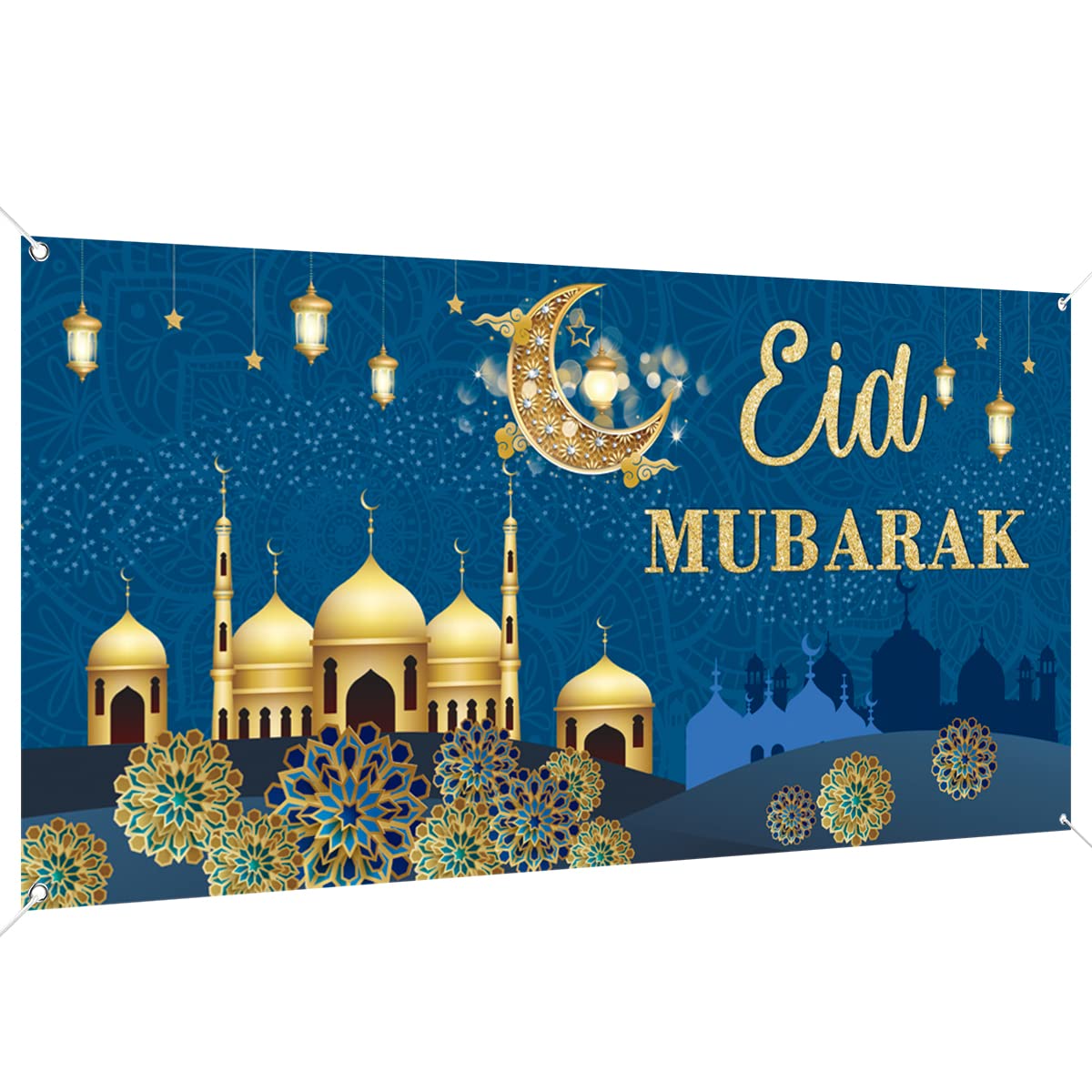 Eid Mubarak Decorations, Large Fabric Muslim Ramadan Kareem Backdrop Banner Ramadan Mubarak Sign Photo Booth Backdrop Background for Muslim Ramadan Party Supplies,200 x 110CM