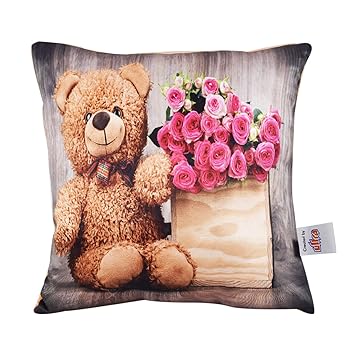 Ultra Charming Teddy Bear & Rose Print Cushion 12x12 Inches Multicolour