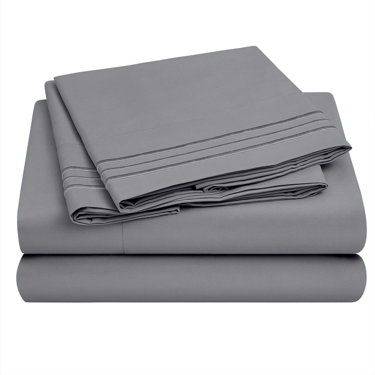 HOMEIDEAS 4 Piece 3-Line Embossed Bed Sheets Set Extra Soft Brushed Microfiber 1800 Bedding Sheets Deep Pocket, Wrinkle & Fade Free (Double, Gray)