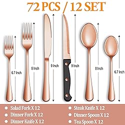 72 Pcs Rose Gold Silverware Set with Steak Knives