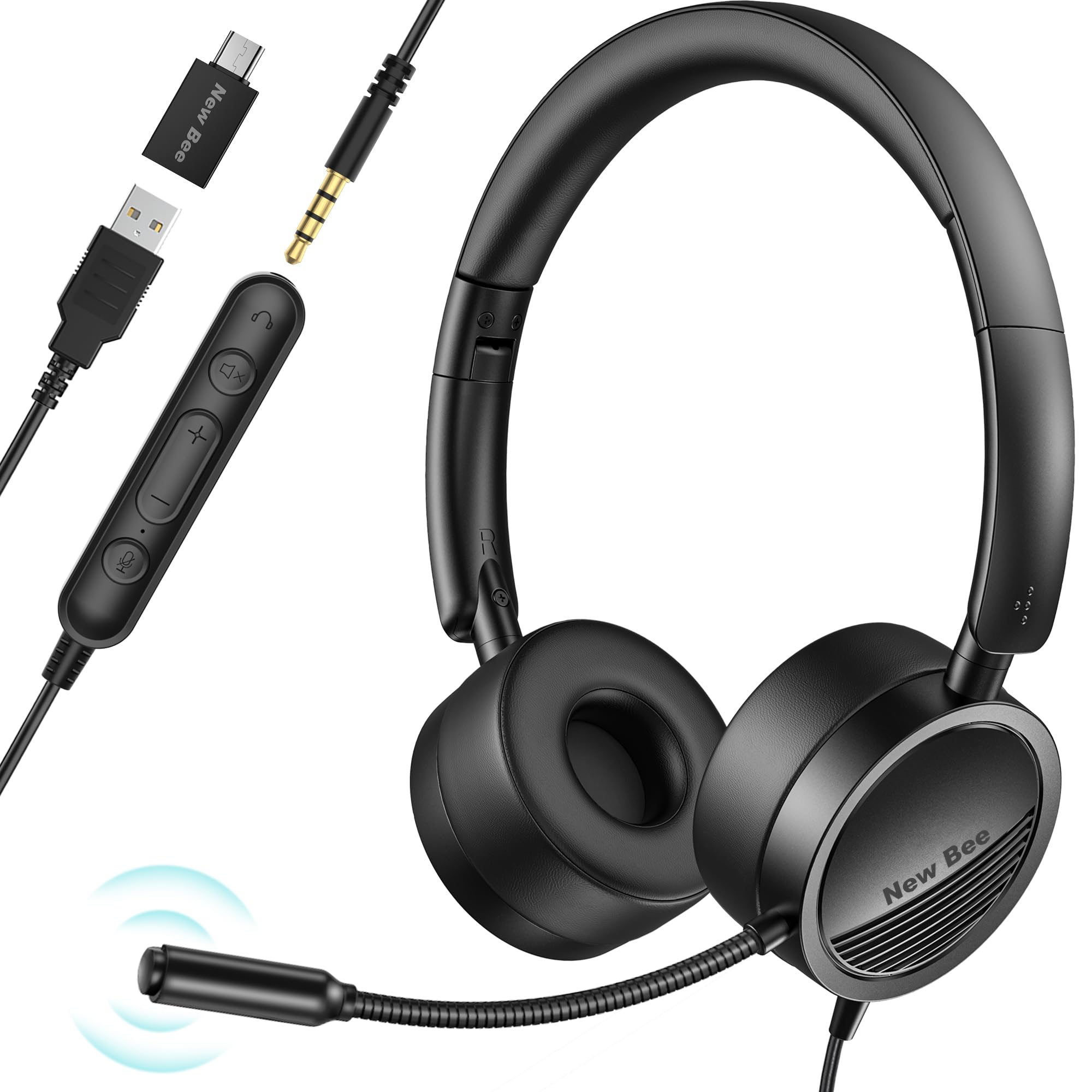New Bee USB Headsets with Microphone, PC Computer Headset with Mic for Laptop, 3.5mm/USB Jack 2-In-1 Audio Line Control, Noise Canceling Office Headphones for Call Center, Gaming, Business, Skype