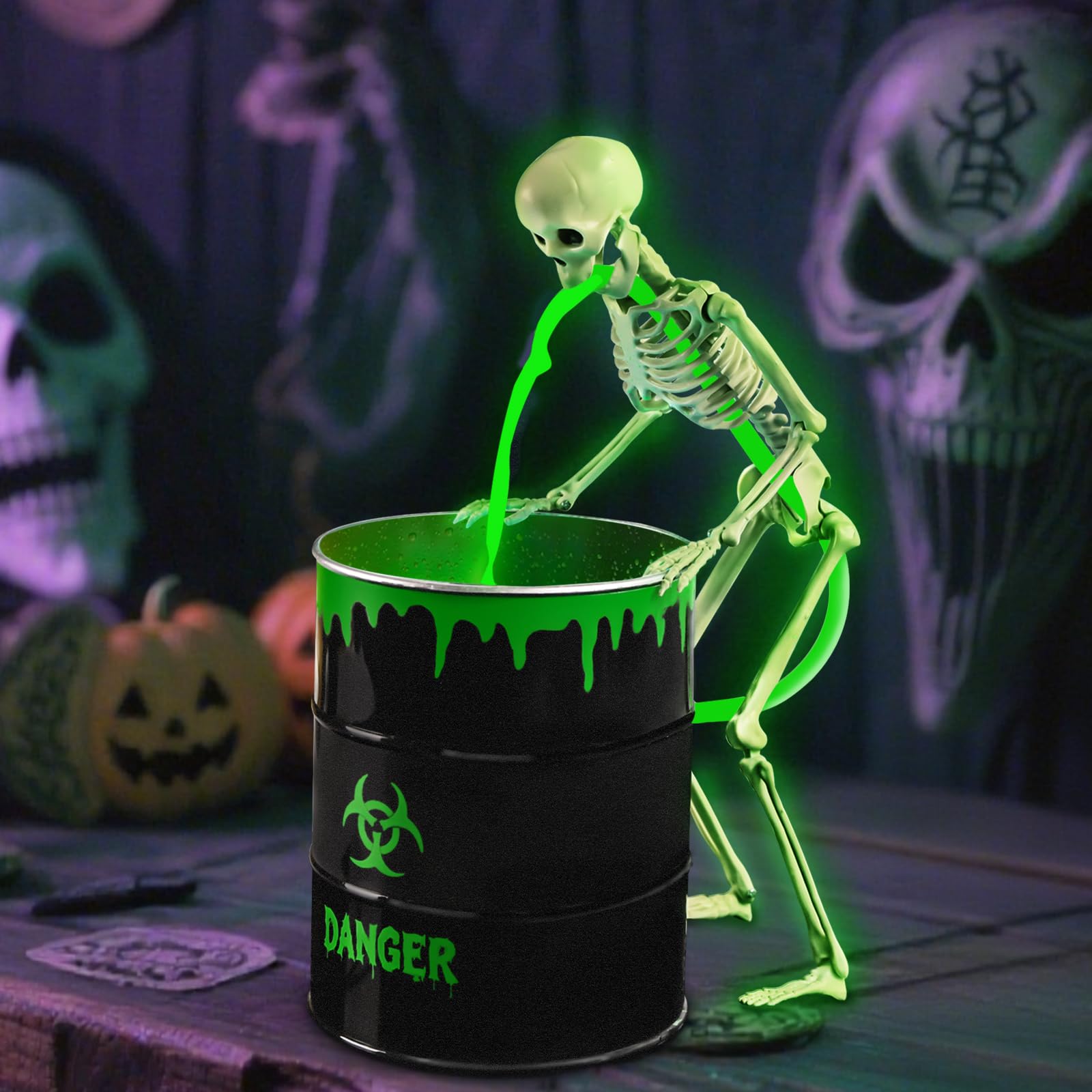 Photo 1 of JOICEE Halloween Decorations Indoor, Puking Skeleton with UV Black Light Water Pump Bucket for Halloween Glow in The Dark Party Decoration Home Room Mantel Table Decor