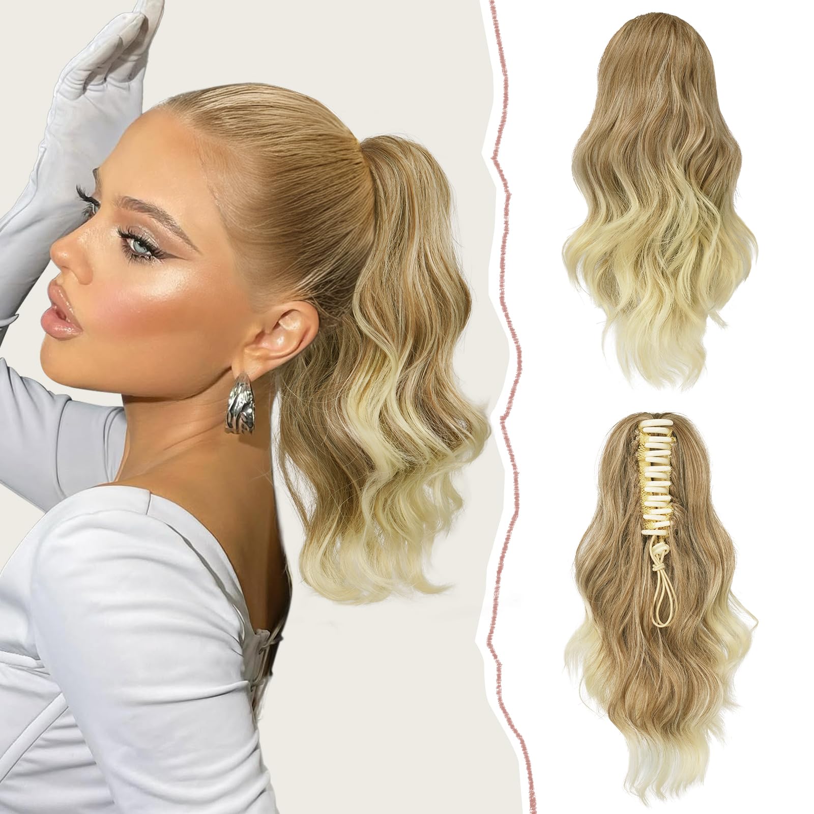 Sofeiyan 14'' Ponytail Extension Curly Clip in Claw Hair Extensions Natural Wavy Looking Synthetic Hairpiece for Women, Dark Blonde to Bleach Blonde