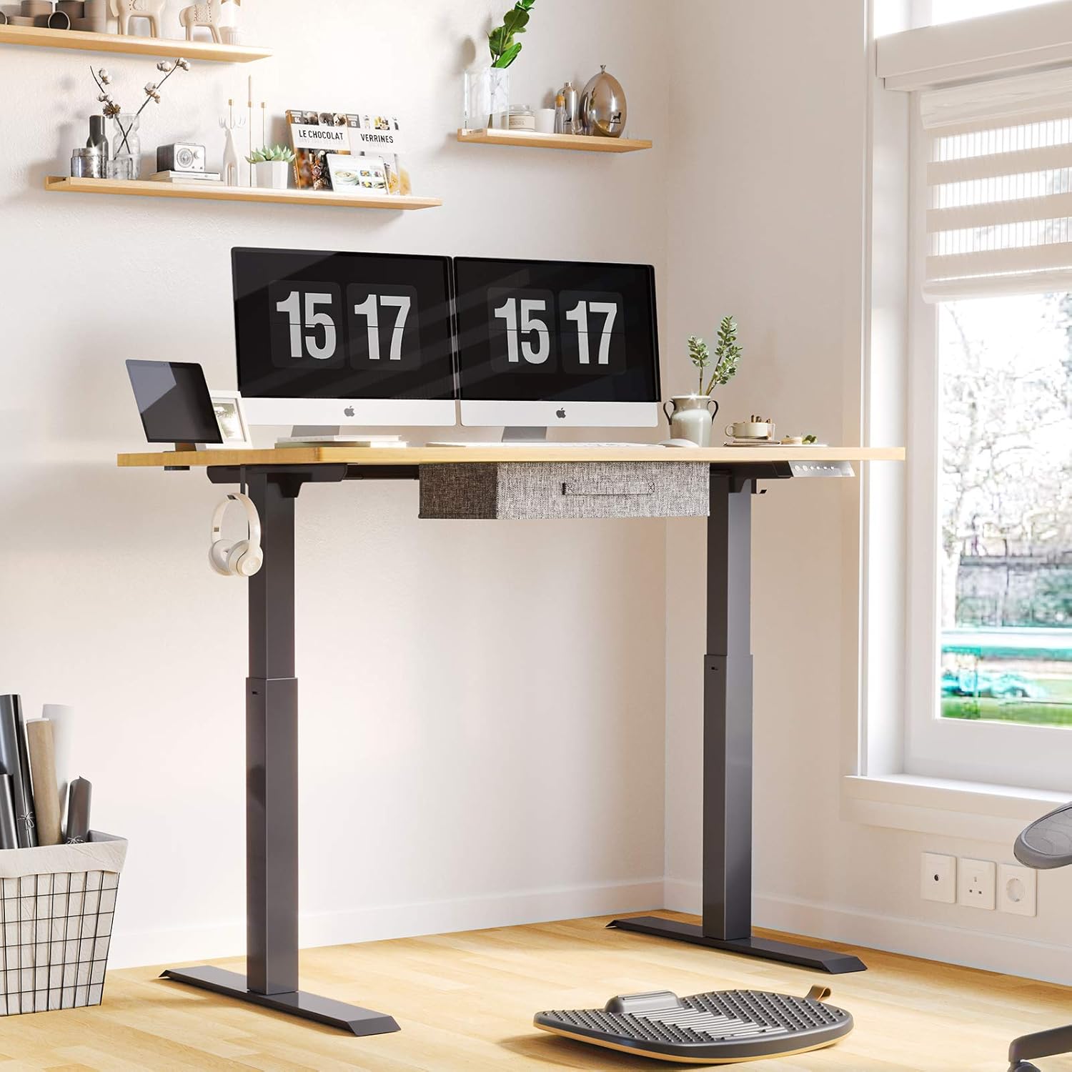 FEZIBO Electric Height Adjustable Standing Desk, 48 x 24 Inches Splice Board, Black Frame/Bamboo Top: Kitchen & Dining