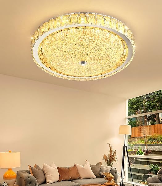 AFQEJG 19.6″ MODERN CRYSTAL CHANDELIER DIMMABLE LED FLUSH MOUNT CEILING LIGHT WITH REMOTE CONTROL FOR LIVING ROOM DINING ROOM BEDROOM HALLWAY FOYER SILVER