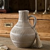 Mowtanco Rustic Ceramic Vase for Home Decor, Farmhouse Decorative Vases for Pampas Grass, Terracotta Vase with Tassel Design, Handle Flower Vase, Clay Vase for Living Room Decoration, 8 inch Tall