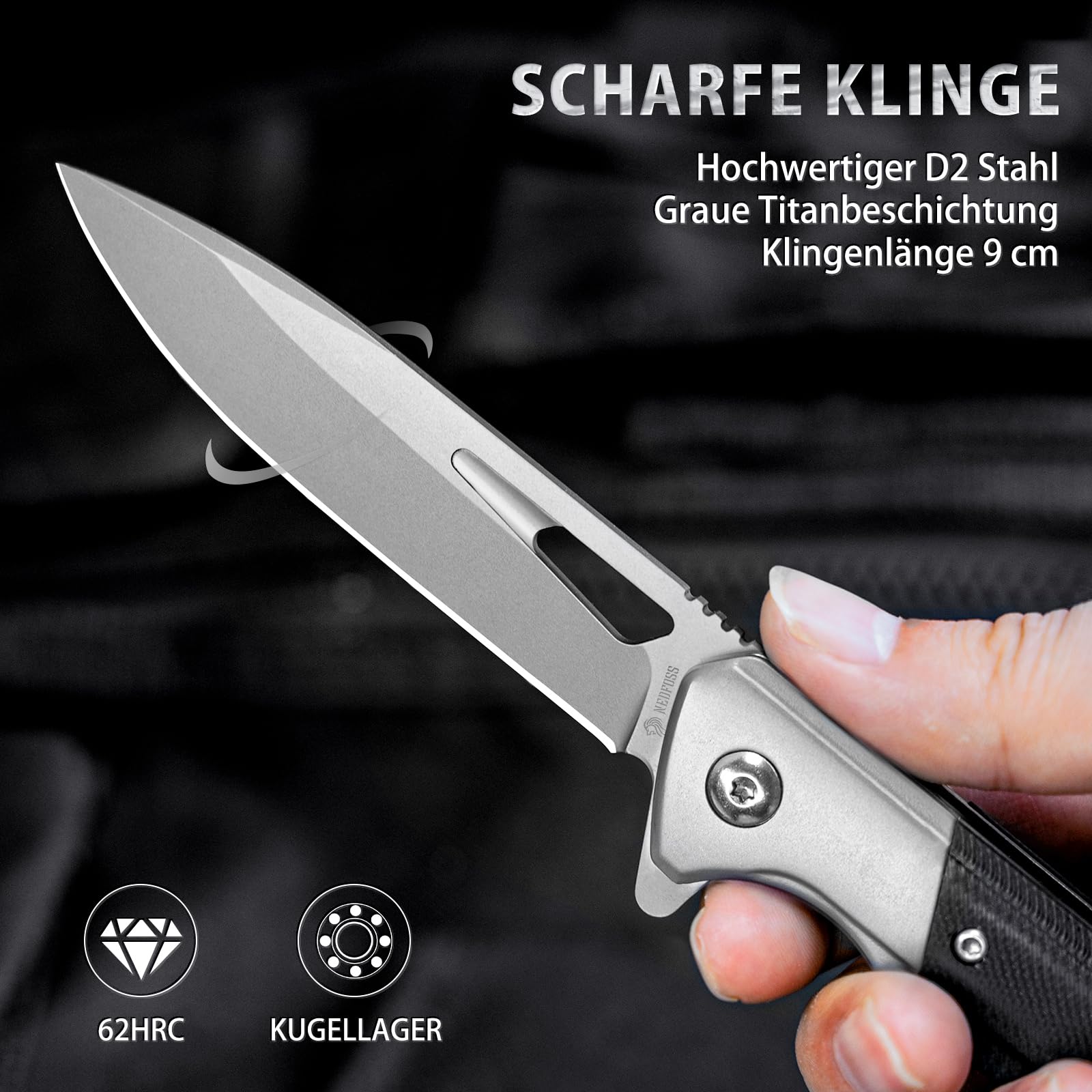 NedFoss ELF Klappmesser, Taschenmesser scharf, EDC Messer mit G10 Griff, Einhandmesser aus D2 Stahl,Outdoor messer mit Gürtelclip, Pocket Knife,Scharfes Survival messer Outdoor für Alltag und Outdoor 2