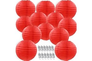 NUDALA 12pcs Red Paper Lanterns with 12pcs White LED Lights, 6" 8" 10" 12" Round Hanging Chinese/Japanese Ball Lantern for Valentine's Day 4th of July Christmas