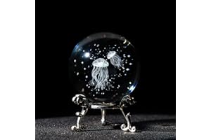 HDCRYSTALGIFTS 3D Laser Engraved Jellyfish with Star Ocean -2.3inch (60mm) Crystal Decorative Ball Figurine Glass Full Sphere with Silver-Plated Stand Home Art Decoration