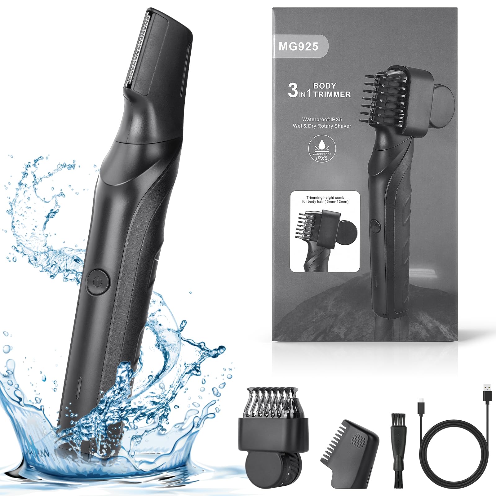 AOGOE Body Hair Trimmer Men, 3in1 Electric Groin Hair Trimmer, IPX5 Waterproof Wet and Dry Body Shavers, Rechargeable Body Groomer for Private Part & Pubic Hair, Electirc Razor for Men Ball Trimmer