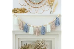 DCJHFJ Boho Yarn Tassel Garland Banner with Wood Beads Blue and White Wall Hanging for Baby Shower Kids Bedroom Nursey Decor