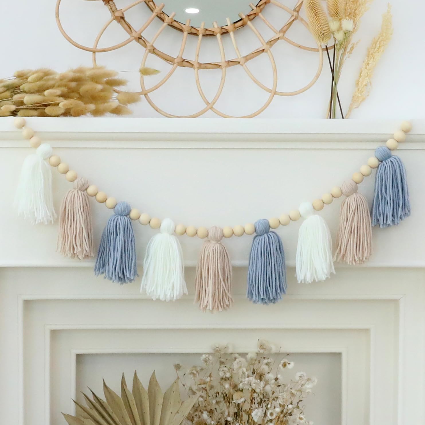 Photo 1 of Boho Yarn Tassel Garland Banner with Wood Beads Blue and White Wall Hanging for Baby Shower Kids Bedroom Nursey Decor