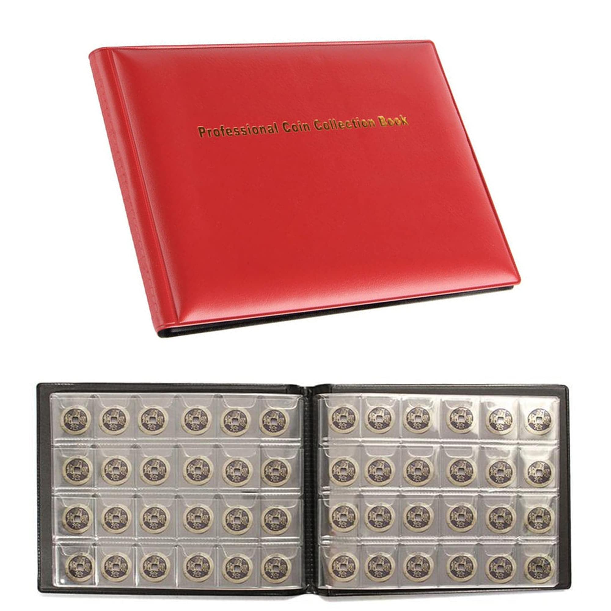 Plastific 240 Coin Collection Album - Penny Money Storage Book Case Folder Holder With Pockets for Collectors (Red)
