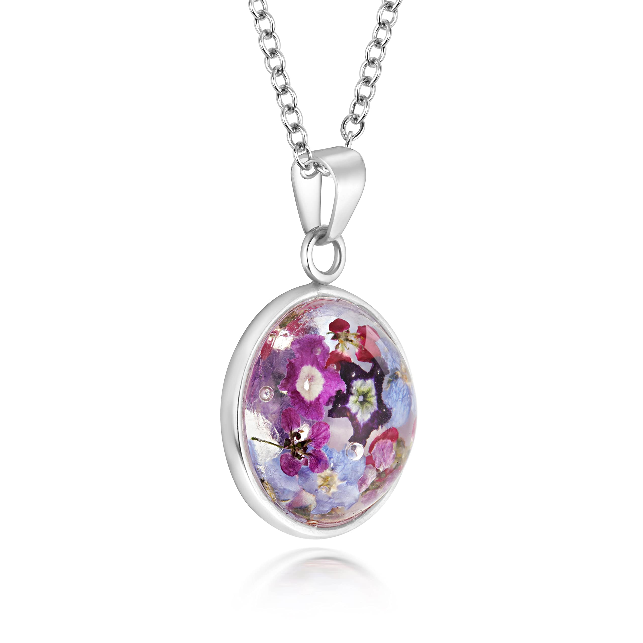 Natural Flower Jewellery Sterling Silver Round Domed Pendant Made With Real Purple mixed flowers