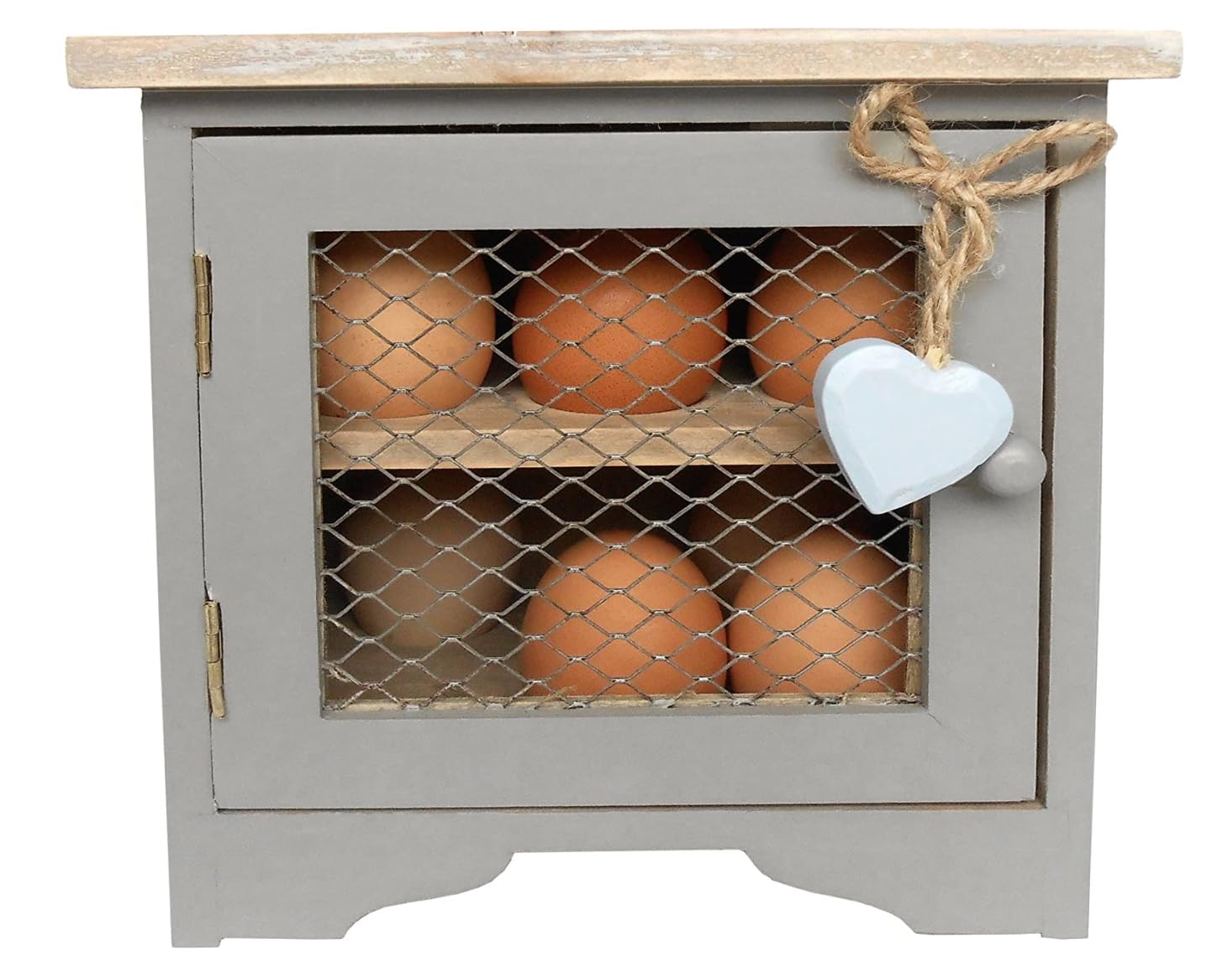 GreyZouq Wooden Country Kitchen Egg Cabinet. Egg Rack with Capacity to hold 12 Eggs. Ideal storage rack with farmhouse rustic effect. Worktop organizer. (Grey with Blue Heart)