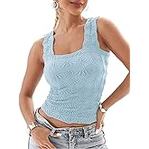 Women's Square Neck Wide Strap Crop Tank Tops Slim Fit Sleeveless Going Out Top Flower Lettuce Trim Cami Tops