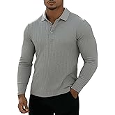 Muscle Cmdr Men's Cotton Long Sleeve Muscle T Shirts Slim Fit Business Casual Tee Short Sleeve Ribbed Polo V Neck