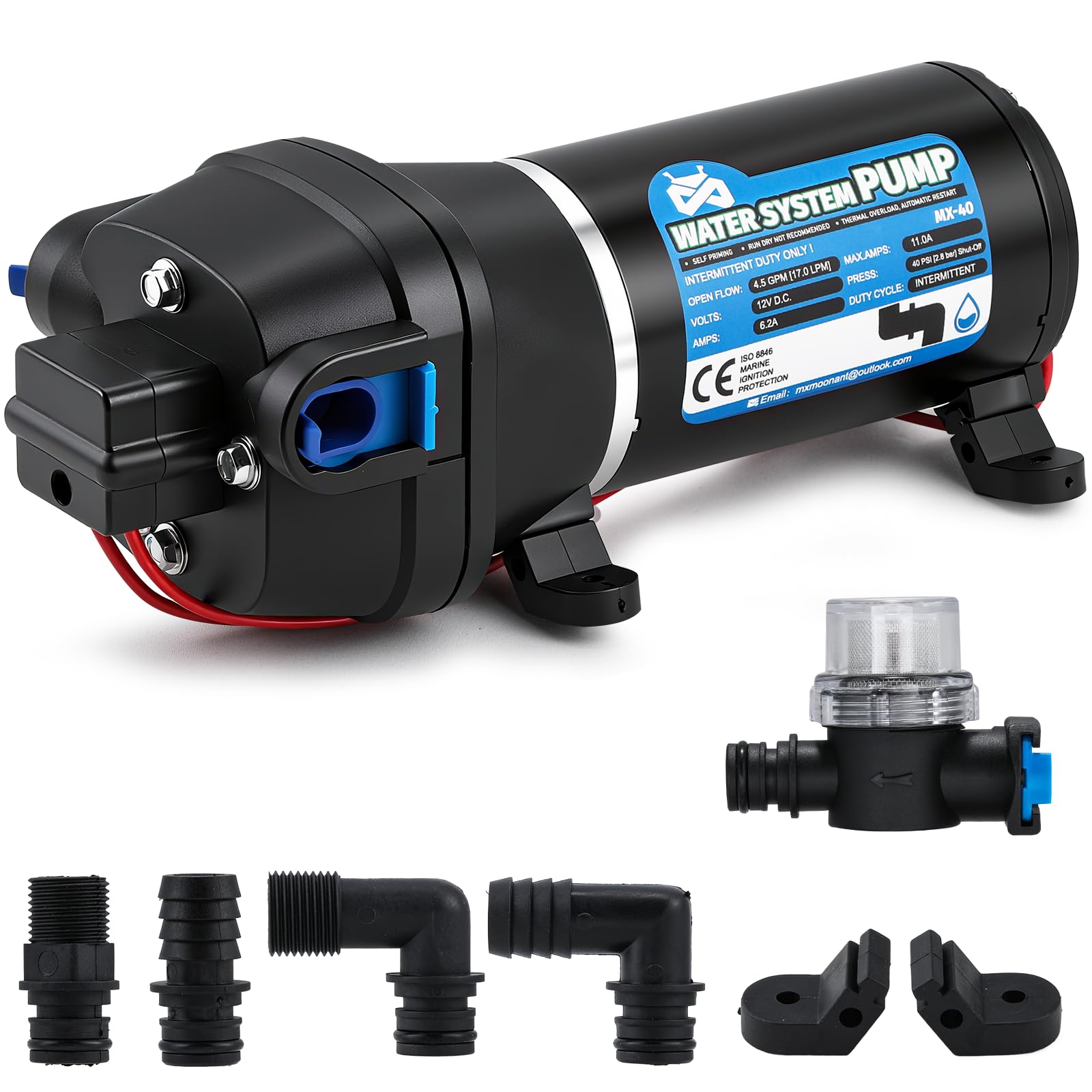 Mxmoonant 12V DC Automatic Water Pump, Booster Diaphragm Pump, 40Psi, 2.8Bar, 132W, 17Lpm, Self Priming, Overload Protection, Low Noise, for Caravan, Boat, Wash, Spray, Garden Irrigation