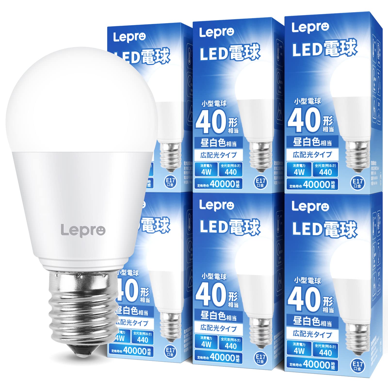 Lepro E17 Mini Krypton LED Light Bulbs, 40W, 440 Lumens, Daylight White, 5000K, Non-Dimmable, Wide Light Distribution, High Color Rendering, PSE Certified, Enclosed Fixture, Energy Saving, Kitchen, Bathroom, Living Room, Dining Room, Dressing Room, Bedroom, Hallway, Entryway Lighting, Small Bulbs, Pack of 6