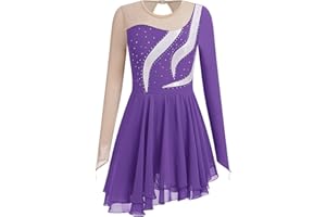 IBAKOM Ice Skating Dress for Women Long Sleeve Figure Skating Costume Rhythmic Gymnastics Leotard Sparkly Chiffon Skirt