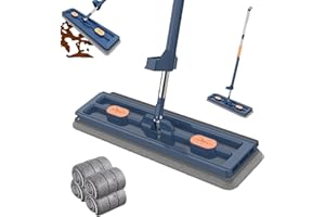 Large Flat Mop, 360° Rotatable Self-Wringing Draining Microfiber Magic Floor Hands-Free Mop (Blue+4Pads)