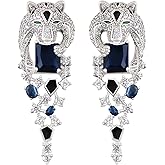 Alilang Leopard Cheetah Panther Head Zircon 925 Sterling Silver Animal Dangle Drop Earrings for Women