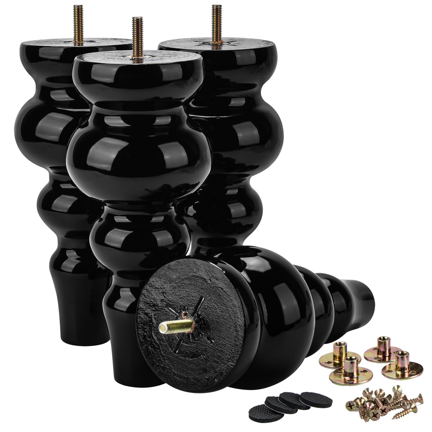 La Vane 8.5 inch / 22cm Wooden Furniture Legs, 4PCS Soild Wood Turned Spindle Black Replacement Spool Feet with Pre-Drilled M8 Inch Bolt & Mounting Plate for Couch Sofa Armchair Dresser Chest