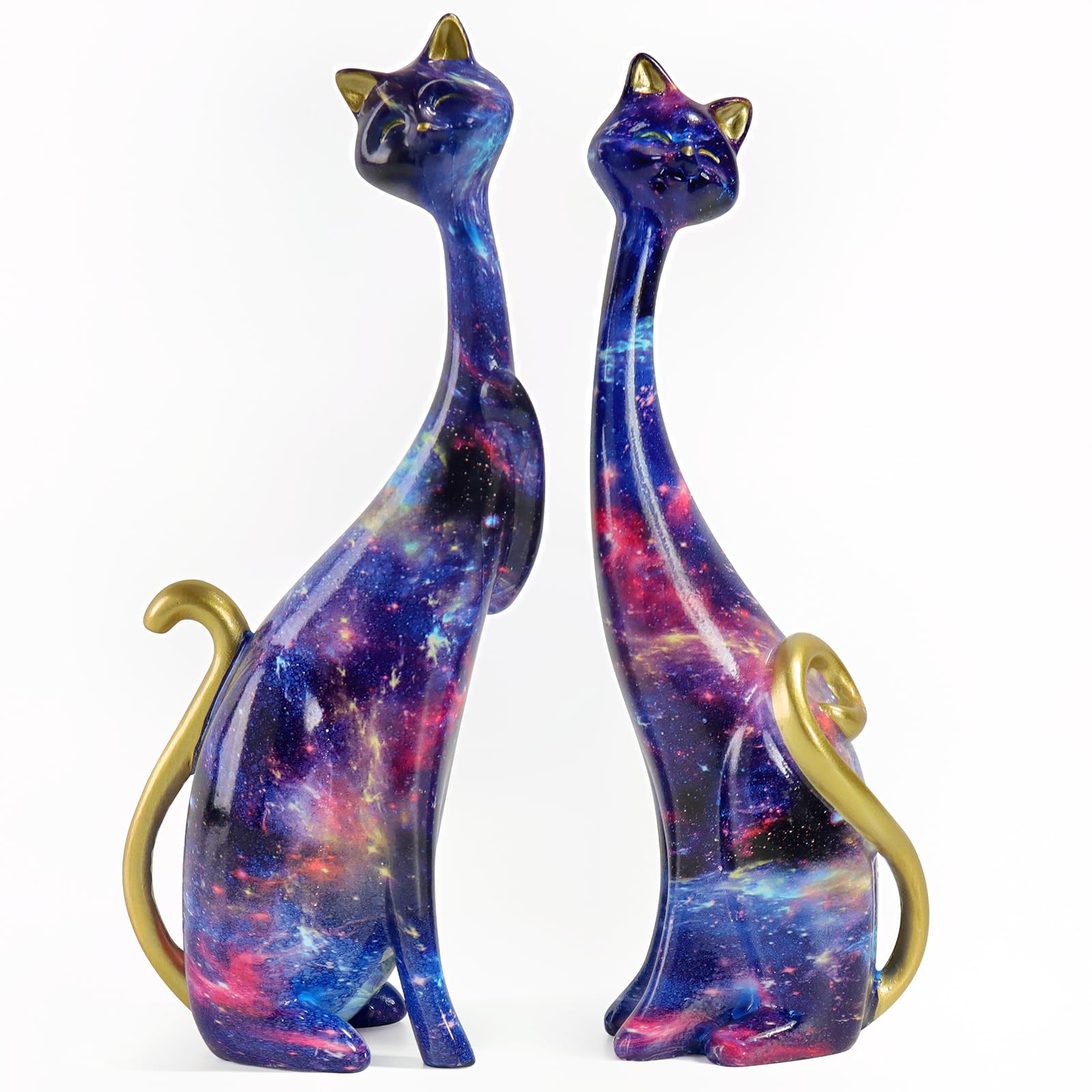 masteymoh 2 Cat Statues, Multicolor Cat Figurine Resin Home Decor Splash Color Starry Sky Cat Animal Sculpture Kitten Figurine Modern Home Office Desktop Decoration (Starry Sky)