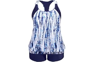 Holipick Plus Size Tankini Swimsuit for Women Two Piece Tummy Control Bathing Suit Blouson Racerback Tankini Top with Shorts