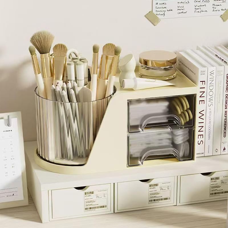 Drehbarer Schreibtischorganisator, Schreibtisch Organizer kinder mit 2 Schublade, 360 Grad stifteköcher für Büro, schulsachen, skincare, schulsachen und Kunstbedarf (Sahne)