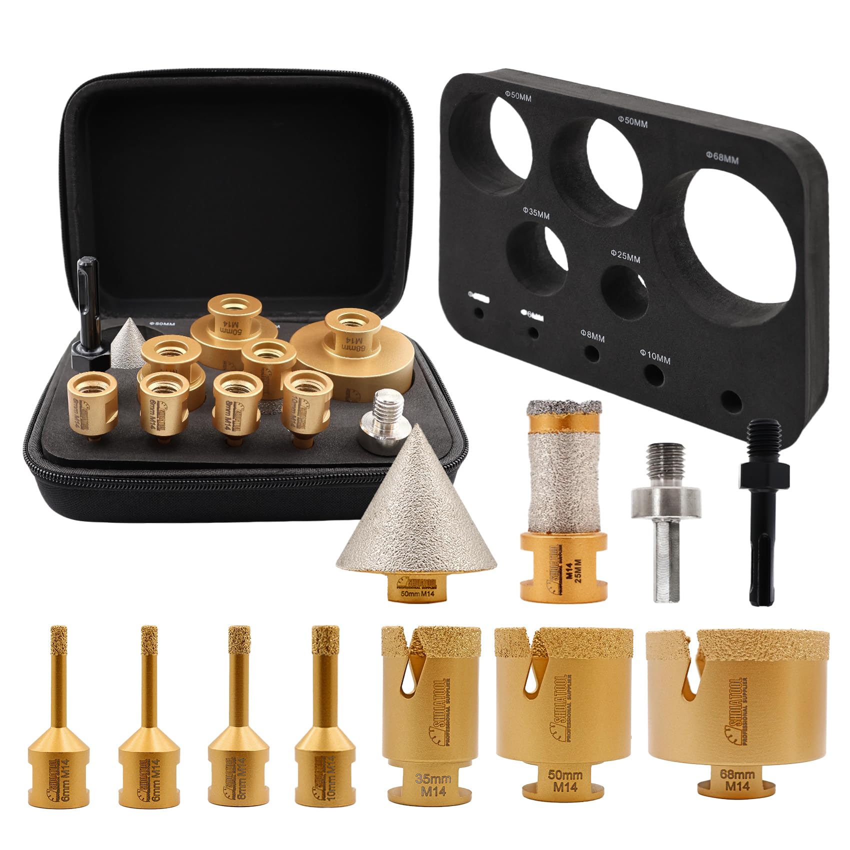SHDIATOOL Diamond Core Drill Bit Set - 10pcs (6/6/8/10/35/50/68MM+25mm Finger Milling Bit+50mm Beveling Chamfer Bit+Hex/SDS) Hole Saw Kit Tile Drill Bits for Porcelain Ceramic Marble M14 Thread