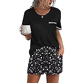 Ekouaer Womens Pajamas Sets Shorts 2 Piece Short Sleeve Lounge Sets Round Neck Sleepwear Soft Pjs with Pockets
