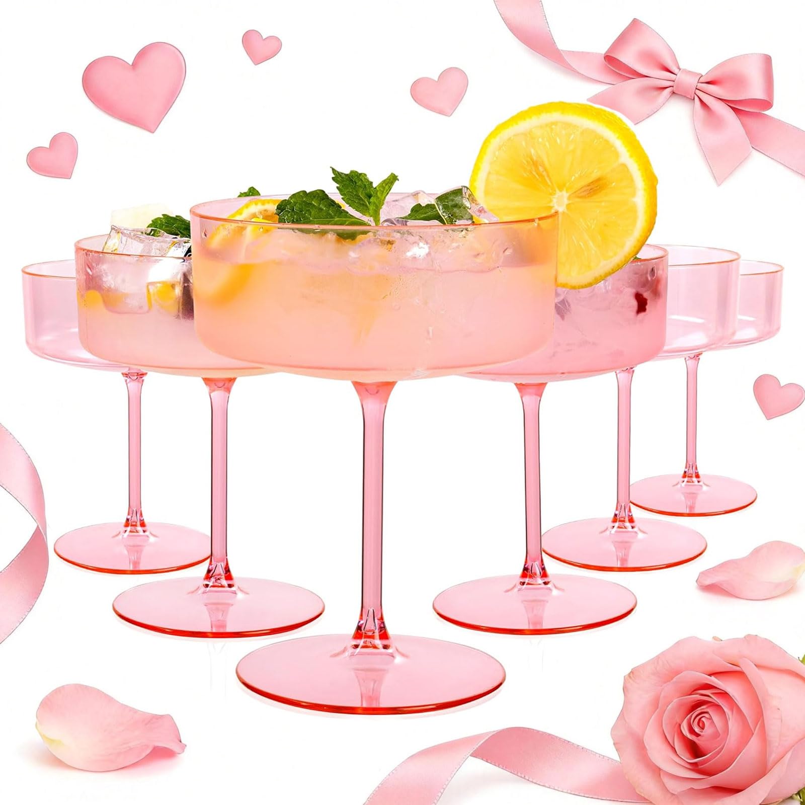Photo 1 of Ciaell 12PCS Plastic Martini Glasses - 10 Oz Pink Disposable Coupe Glasses with Stem - Heavy Duty Margarita Cups for Bars, Cocktails, Whiskey, Parties & Wedding & Valentine's Day