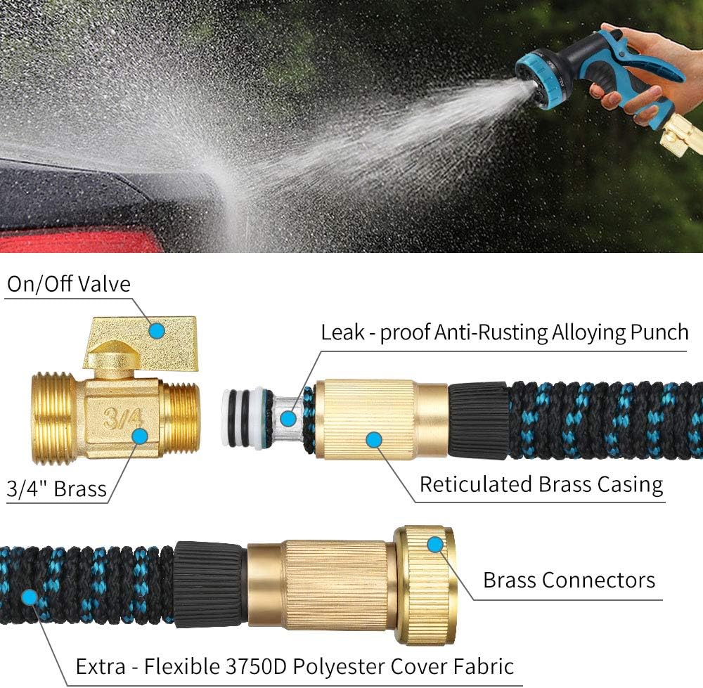 EASYHOSE 50ft Expandable Water Garden Hose, Expanding Flexible Hose with Strength Stretch Fabric with Brass Connectors - 9 Way Spray Nozzle +12 Months Warranty : Garden & Outdoor