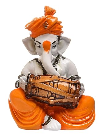 Karigaari India Karigaari Polyresine Orange & White Ganesha Playing Dholak