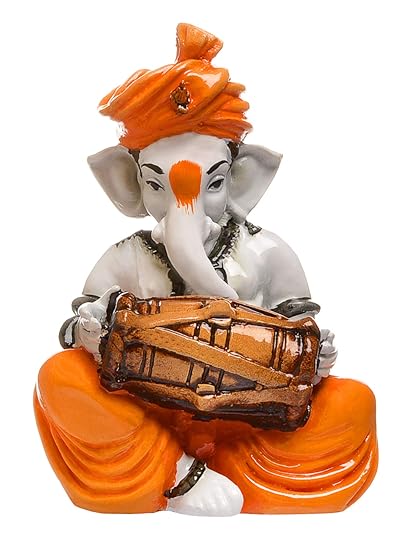 Karigaari Ganesha Playing Dholak Polyresine Idol (16.4 cm x 14 cm x 13.21 cm)