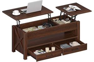 Seventable Coffee Table, 47.2" Lift Top Coffee Table with 2 Storage Drawers and Hidden Compartment, Farmhouse Center Table with Wooden Lift Tabletop, for Living Room,Espresso