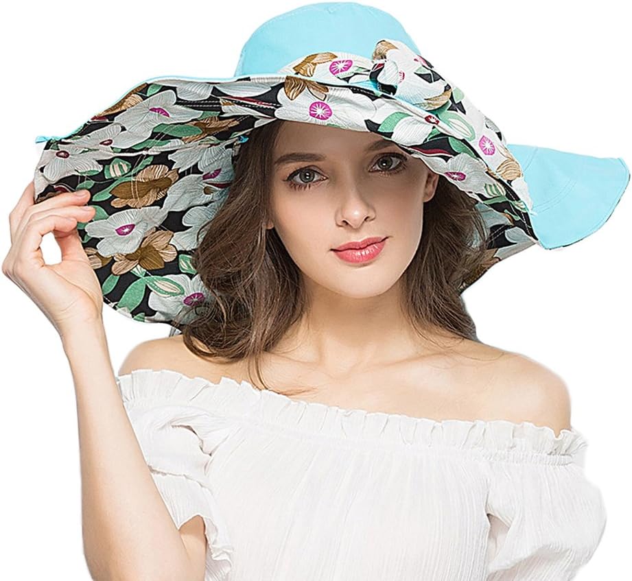 RIONA Women's Foldable Floppy Reversible Wide Brim Sun Beach Hat with Bowknot UPF 50+